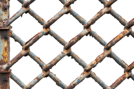 Rusty metal fence with classic diamond pattern against a white backdrop showcasing wear and corrosion details