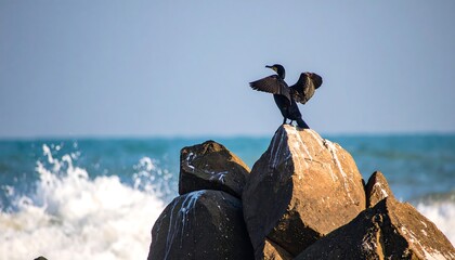 A cormorant perched on rocks, wings outstretched, by the ocean