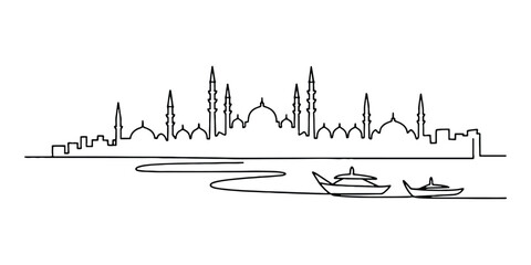 Obraz premium One Line Art Istanbul Cityscape with Bosphorus and Historic Towers – Elegant Line Drawing for Cultural and Architectural Concepts, Vector Modern Illustration