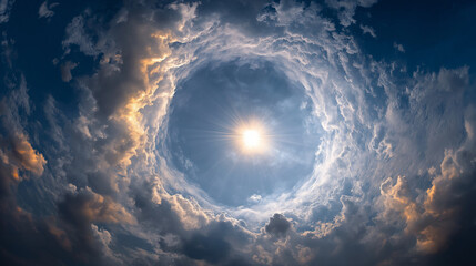 The sun is in the middle of a ring-shaped cloud, against a cloudy blue sky