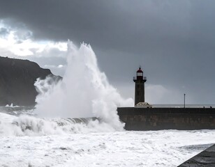 Powerful waves crash against the breakwater near a stoic lighthouse under a stormy sky showing