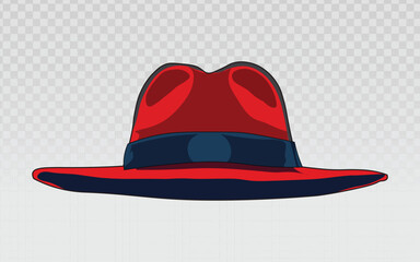 Red fedora hat illustration with blue ribbon, designed in bold colors and clean lines. Perfect for fashion projects, character design, branding, web graphics, print materials, and stylish icons.