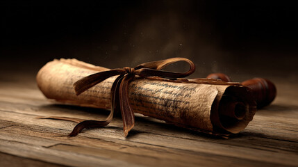 treaty scroll tied with silk ribbon lying beside antique gavel subtle dust particles cinematic composition illustration concept scene visual for commercial design use high detail quality stock image