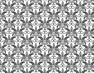Repeating dark floral and ornate scroll pattern on a light background.