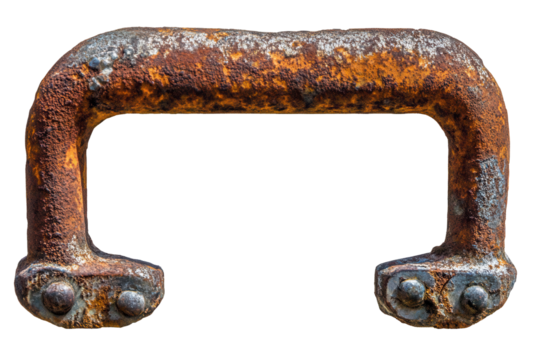 Rusted metal handle shows wear from years of use, isolated on a transparent background with low resolution, highlighting its distressed texture and character