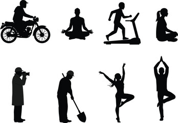 Diverse silhouette collection of people, various activities and professions, sports, hobbies, and work, black and white flat vector illustration.