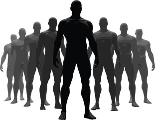 Group of muscular male silhouettes, one man in front standing out, diverse body types, strong and confident, cad drawing flat vector illustration.
