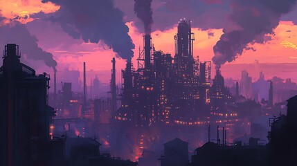 Futuristic industrial city skyline at sunset digital art painting illustration rendering design concept art