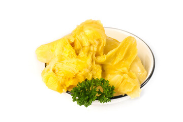 Golden Durian Fruit Meat from Thailand in Bowl with Parsley Garnish
