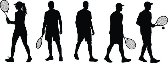 Tennis player silhouettes collection, man and woman with racquet, dynamic sports action, black and white flat vector illustration.