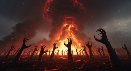 Dark Zombie Hands Reaching Toward Fiery Explosion in Apocalyptic Scene