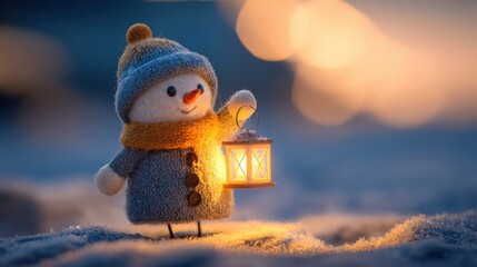 Cheerful Snowman with Lantern in Winter Snowy Background at Dusk