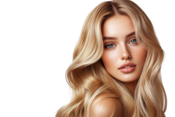 Young beautiful blonde woman with long wavy hair showcases a fresh and radiant look in a bright and minimalistic setting reflecting beauty and confidence