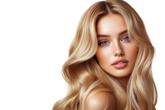 Young beautiful blonde woman with long wavy hair showcases a fresh and radiant look in a bright and minimalistic setting reflecting beauty and confidence