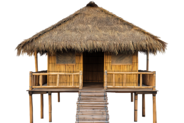 Bamboo beach hut situated on stilts with a straw roof overlooking tranquil waters in a serene location during bright daylight