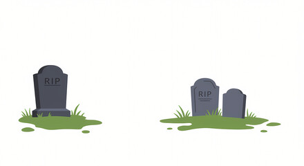 Two dark gray gravestones with RIP inscription standing on green grass. Isolated flat vector illustration for Halloween or cemetery themes