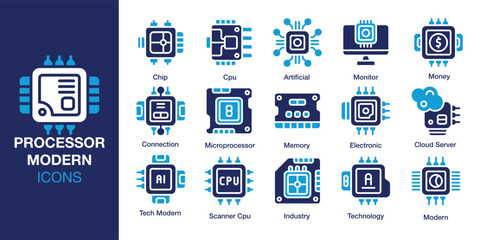 Processor Modern icon set. Containing processor, technology, computer, modern, and more. Solid vector icons collection. Vector illustration.