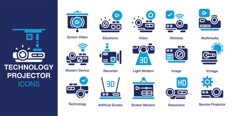 Technology Projector icon set. Containing technology, projector, digital, display, stage, and more. Solid vector icons collection. Vector illustration.
