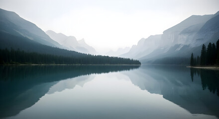 Fototapeta premium A serene landscape captured showcasing the tranquility of a mountain lake with its perfectly mirrored reflection and the surrounding majestic peaks enveloped in a misty atmosphere