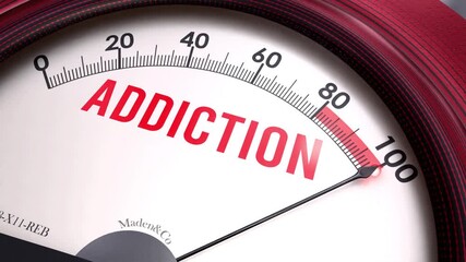 Addiction meter showing increasing, dangerous and high levels of addiction, potential overload. Maximum and critical addiction, off the charts.