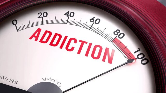 Addiction meter showing increasing, dangerous and high levels of addiction, potential overload. Maximum and critical addiction, off the charts.