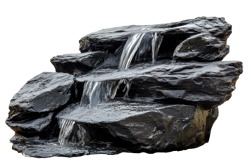 Flowing water cascades over meticulously crafted artificial rock formation, creating a serene atmosphere for relaxation and enjoyment in a beautiful outdoor setting