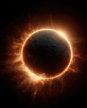 Fiery celestial body, dark surface, intense light flares