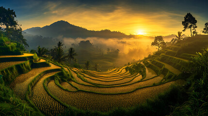 sunset over rice fields