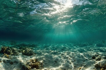 Fototapeta premium Underwater view of sunlight filtering through turquoise ocean water onto a sandy seabed with coral formations