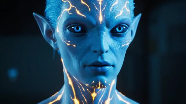 Enigmatic portrait of a futuristic blue-skinned humanoid alien with radiant bioluminescent patterns and piercing eyes