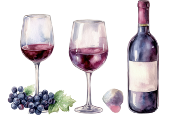 Set of watercolor wine glasses and bottle featuring grapes in a cozy dining setting, perfect for evening gatherings and celebrations with friends or family