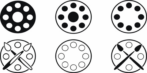 Collection of six circular icons representing sewing bobbins and artist paint palettes with brushes