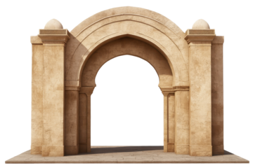 Eastern ancient Arab arch entrance featuring ornate details and a grand structure, representing historical architecture and cultural heritage from the past