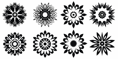 Collection of eight black and white floral ornamental designs and mandala patterns on a white background
