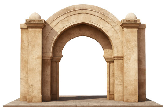Eastern ancient Arab arch entrance featuring ornate details and a grand structure, representing historical architecture and cultural heritage from the past