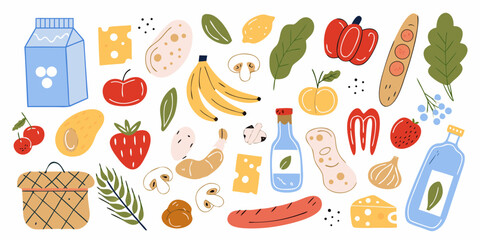 A vibrant collection of fresh food items and groceries in a playful hand drawn style