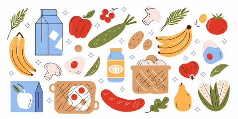 Diverse collection of hand drawn fruits vegetables dairy and food items in a flat illustration style