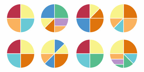 Fototapeta premium Collection of eight colorful pie charts with different segmentations and color schemes on a white background