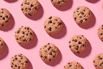 Flat lay top view of chocolate chip cookies arranged as circle on pink background