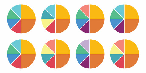 Obraz premium Collection of eight colorful pie charts arranged in two rows on a white background