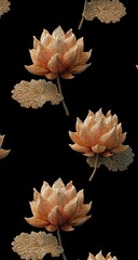 Peach lotus flowers and leaves, repeating pattern on black
