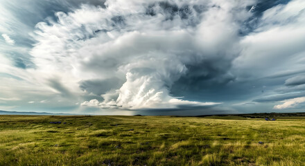 Obraz premium Dramatic storm clouds loom over a vast green field creating a powerful and awe inspiring landscape showcasing the raw beauty of nature and the weather