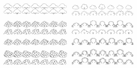 Collection of hand drawn sketchy cloud and bush illustrations in various styles and sizes