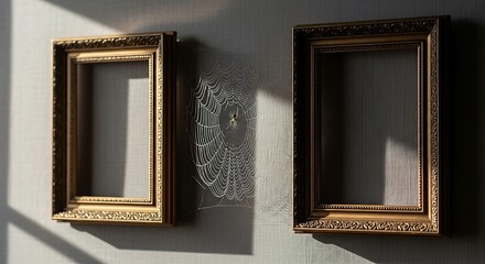 Intricate spiderweb between frames with sunlit wallpaper backdrop