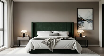 Elegant Bedroom Interior with Green Headboard and Artwork.
