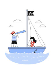 Two children enjoy a pirate adventure on a sailboat in the ocean.