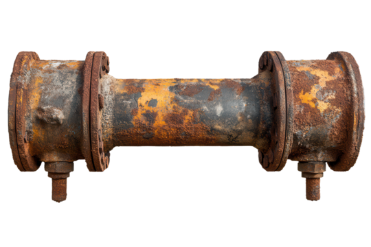 Rusty damaged iron pipe showing significant wear and deterioration against a transparent background with varying textures and colors