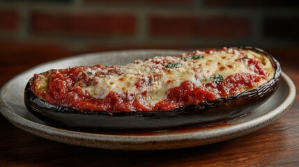 Grilled stuffed eggplant dish on plate, brick wall background. Restaurant food presentation