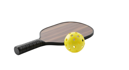 Pickleball paddle and ball isolated on transparent background with clean high resolution detail
