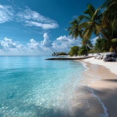 Naklejka premium tropical beach, paradise landscape, crystal water, ocean waves, nature photography, exotic island, 16:9 photo, summer vacation, travel inspiration, tourism concept, relaxing beach, blue ocean, 